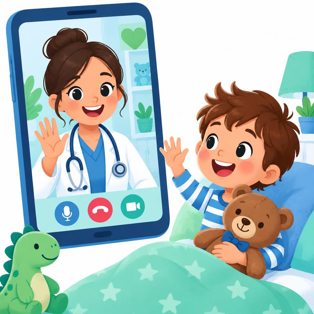 Criança com ursinho em videochamada com uma pediatra sorridente
